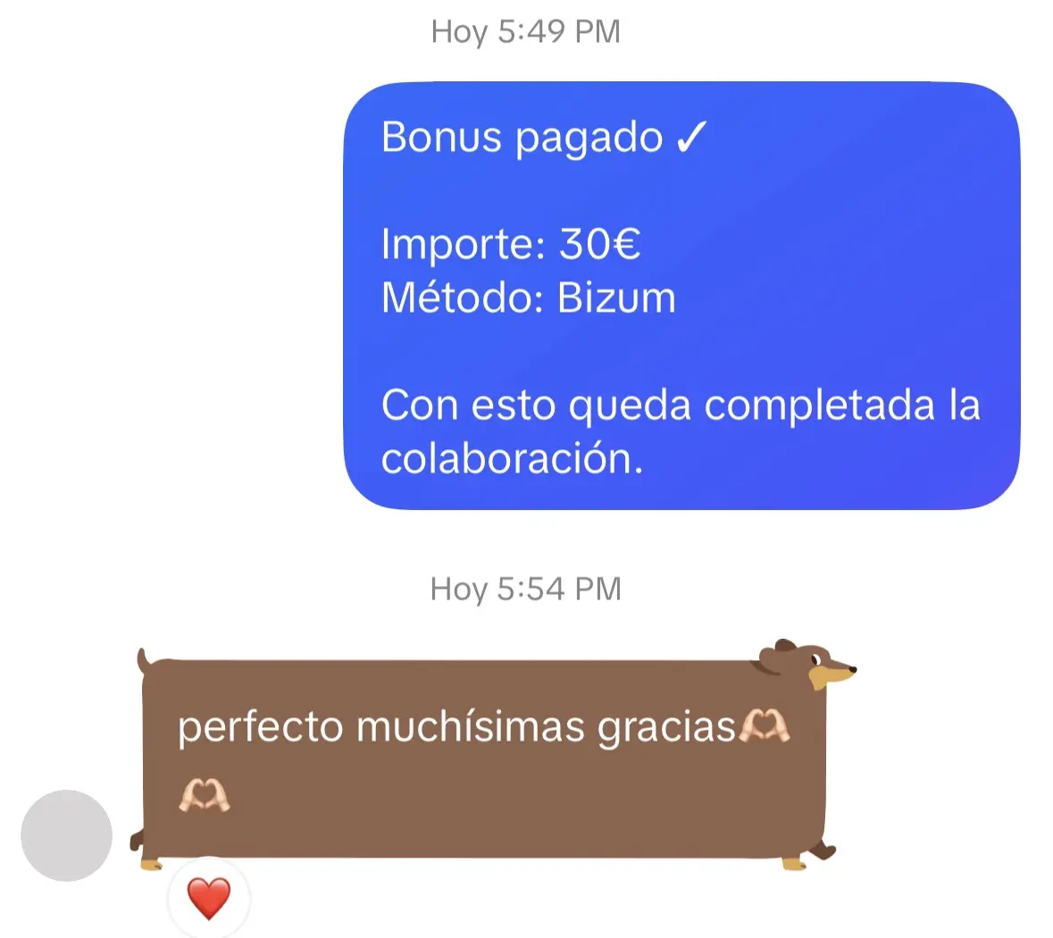 Confirmación anonimizada del bonus