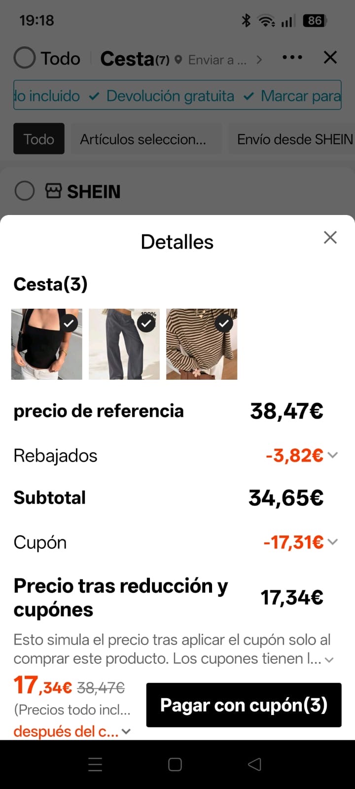 Detalle de la cesta con rebajas y cupón aplicados